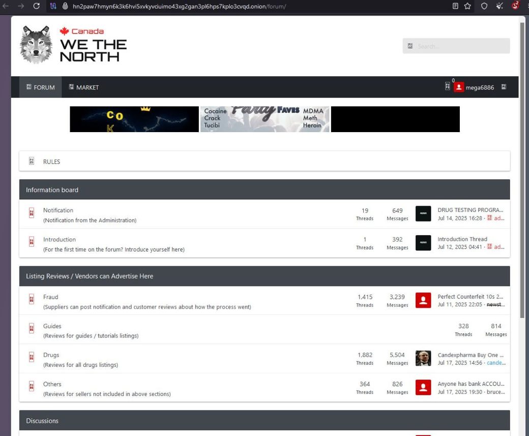 WeTheNorth Market interface screenshot showing darknet marketplace dashboard